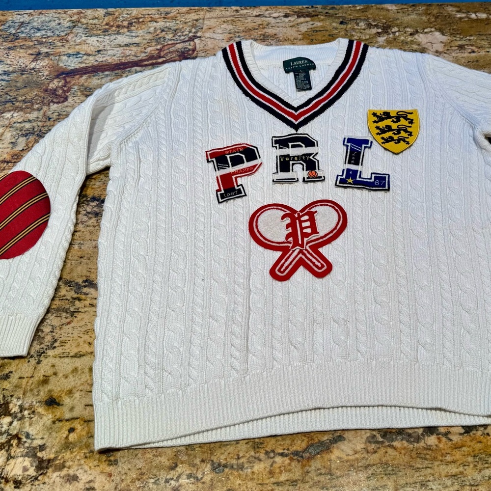 Ralph Lauren cable knit tennis sweater V-neck cricket red navy/white Women L